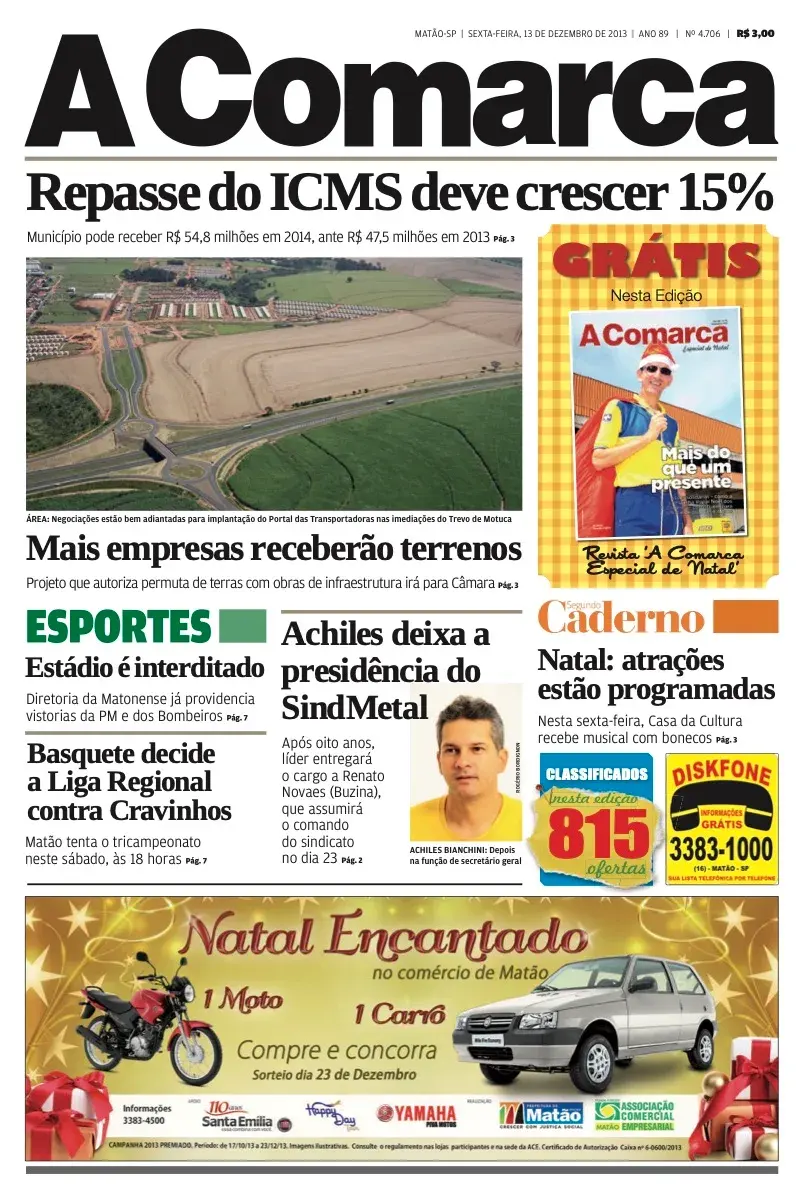 Primeira página da edição 4706 de A Comarca, 13 de dezembro de 2013