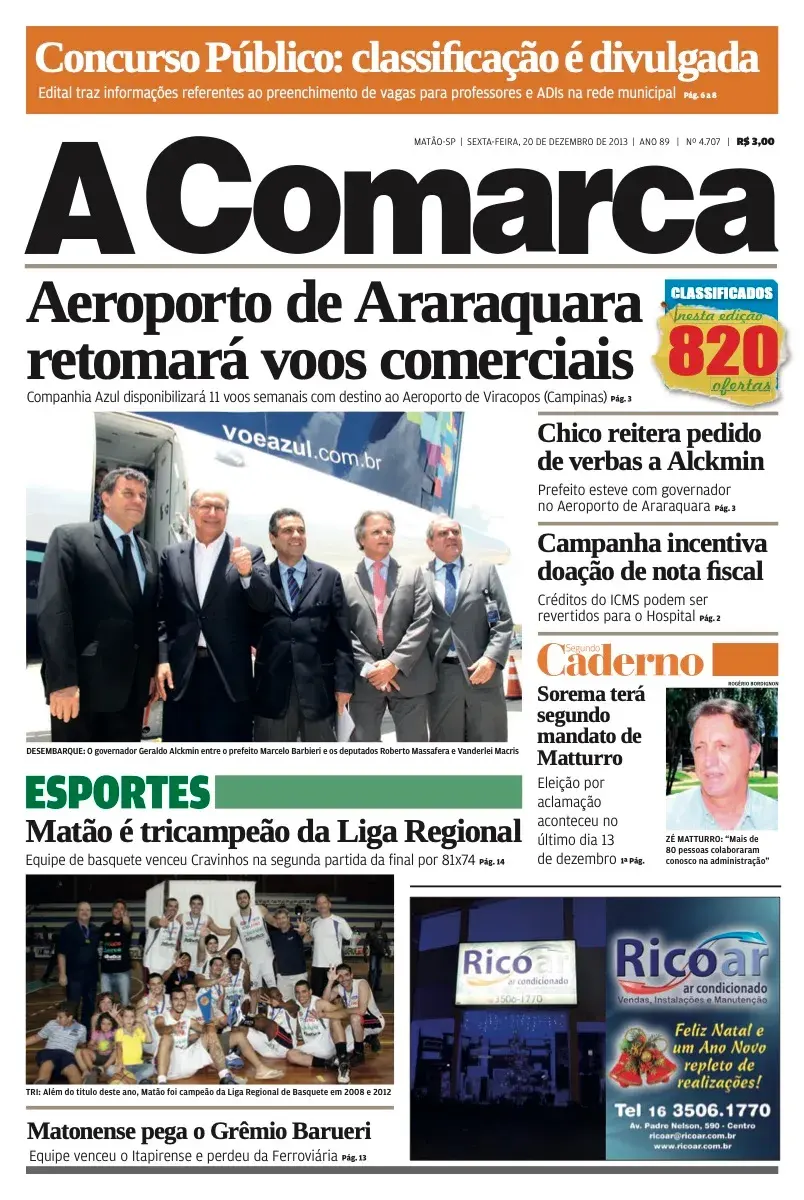 Primeira página da edição 4707 de A Comarca, 20 de dezembro de 2013
