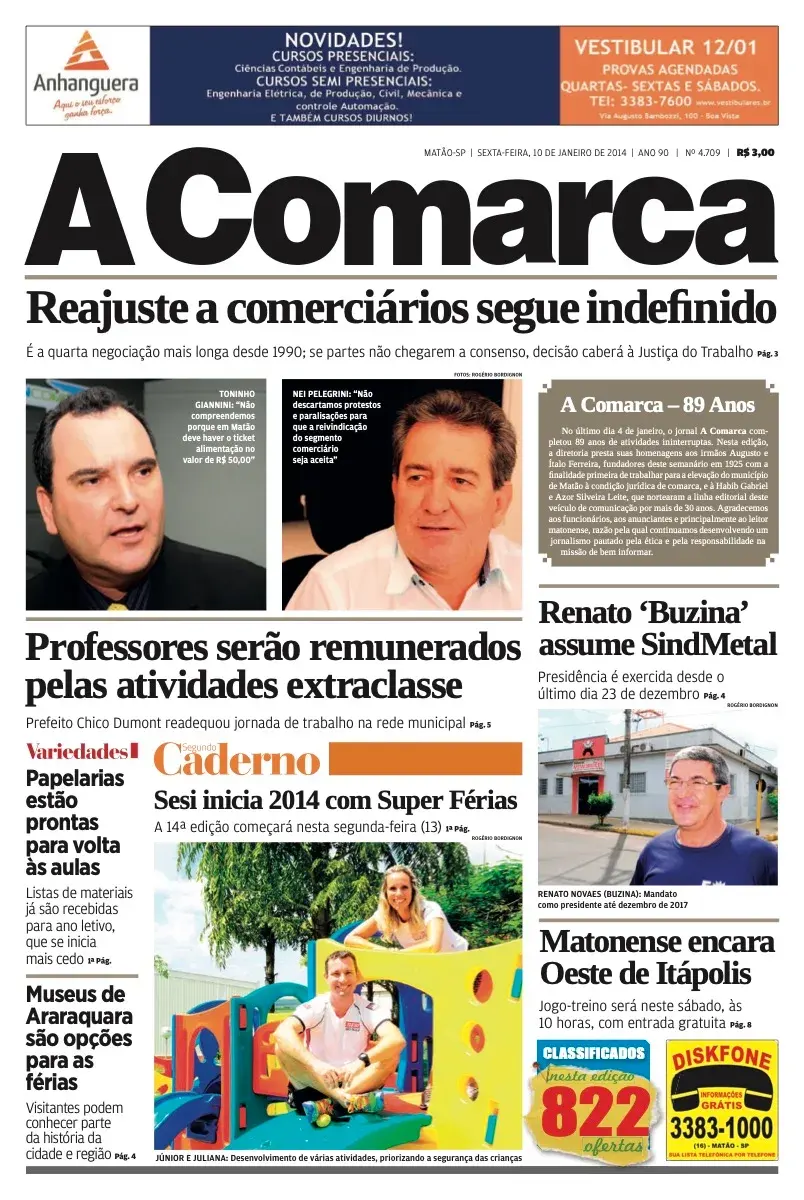 Primeira página da edição 4709 de A Comarca, 10 de janeiro de 2014