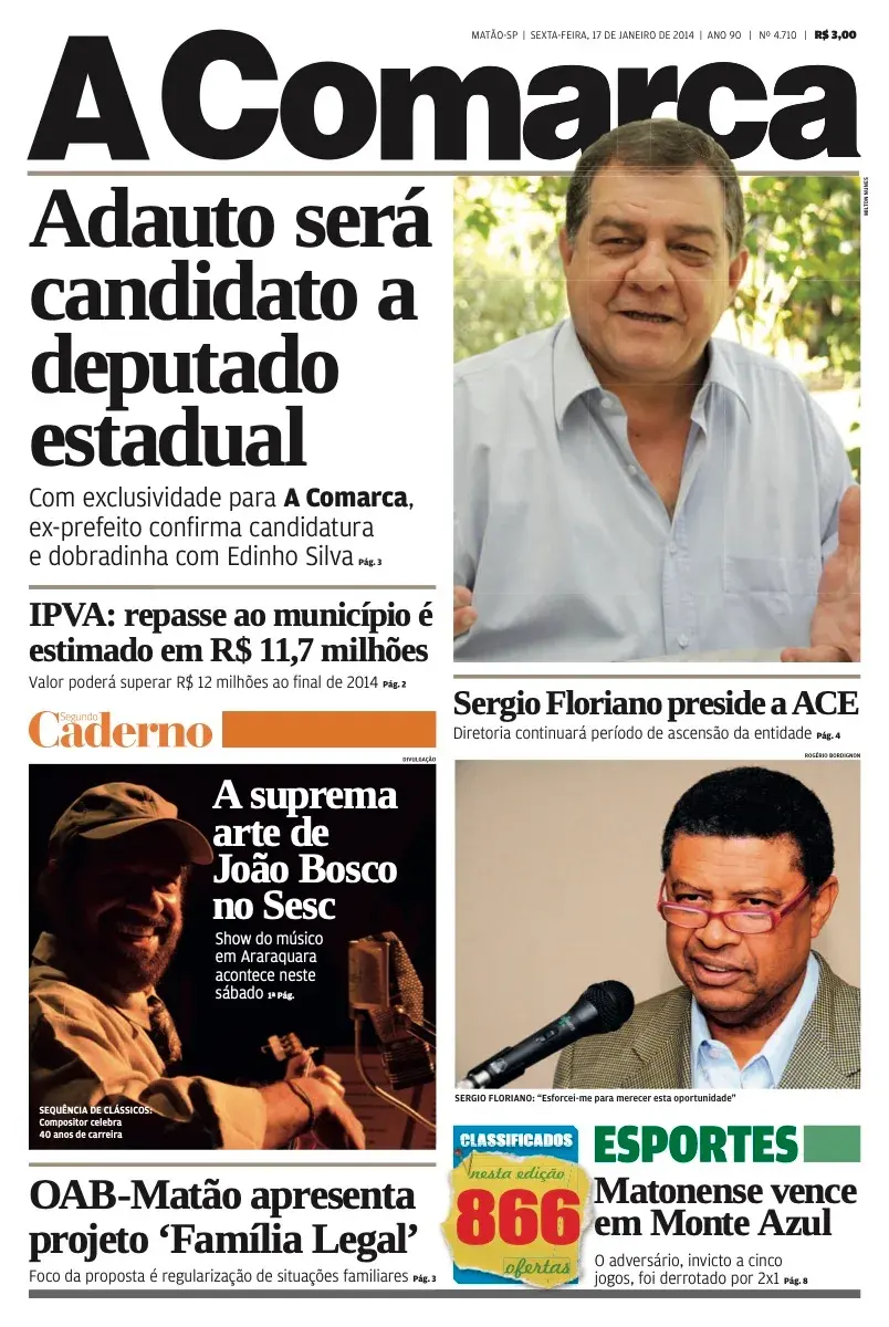 Primeira página da edição 4710 de A Comarca, 17 de janeiro de 2014