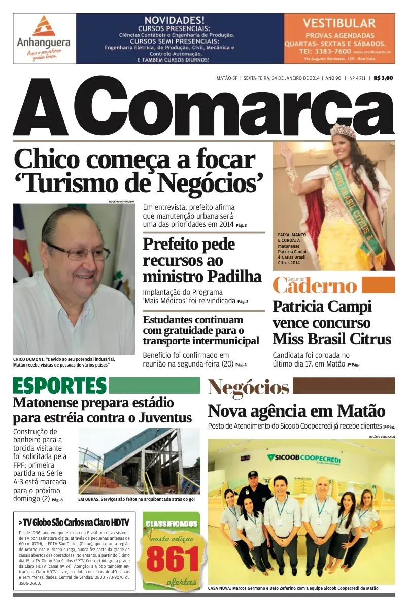 Primeira página da edição 4711 de A Comarca, 24 de janeiro de 2014