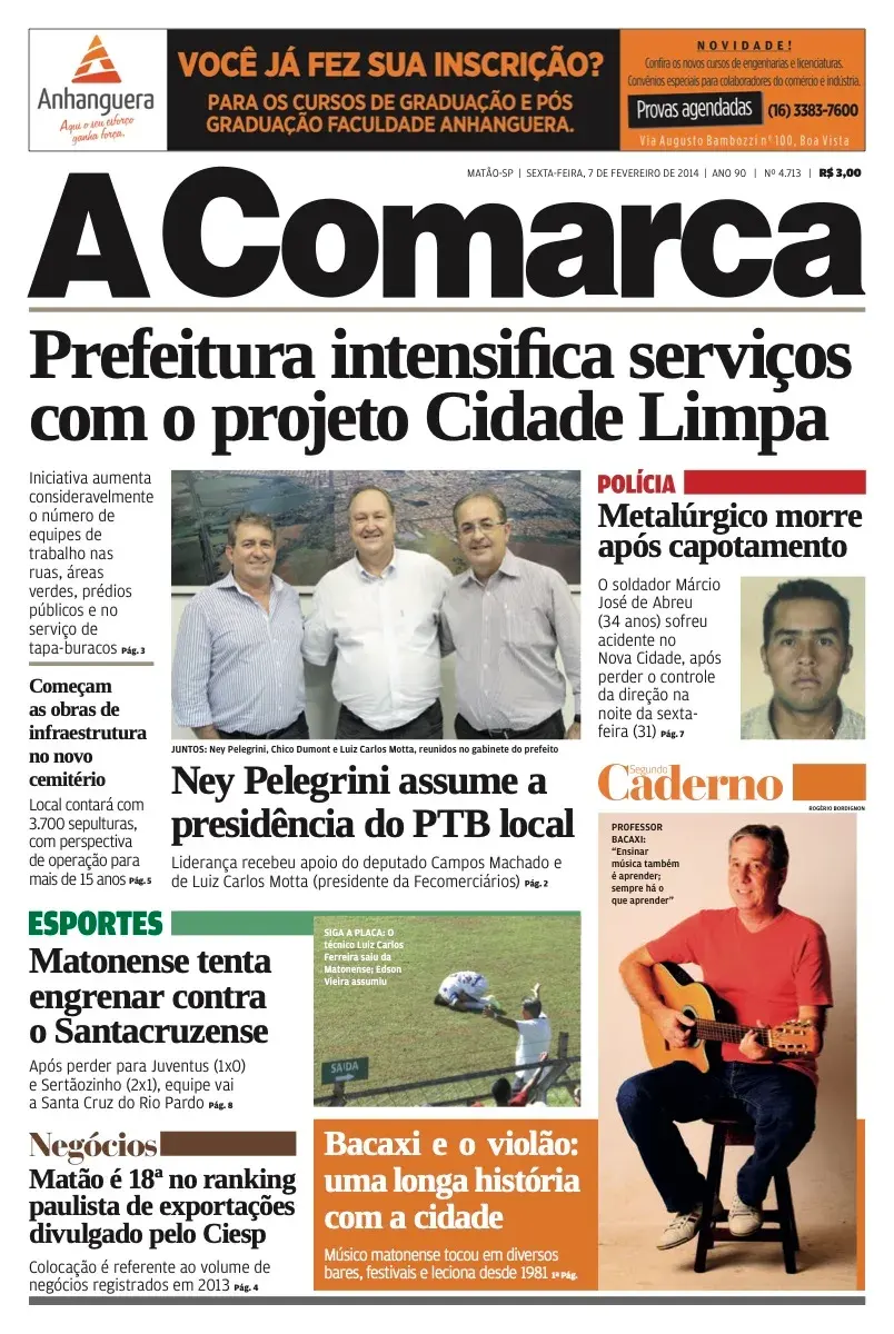 Primeira página da edição 4713 de A Comarca, 7 de fevereiro de 2014