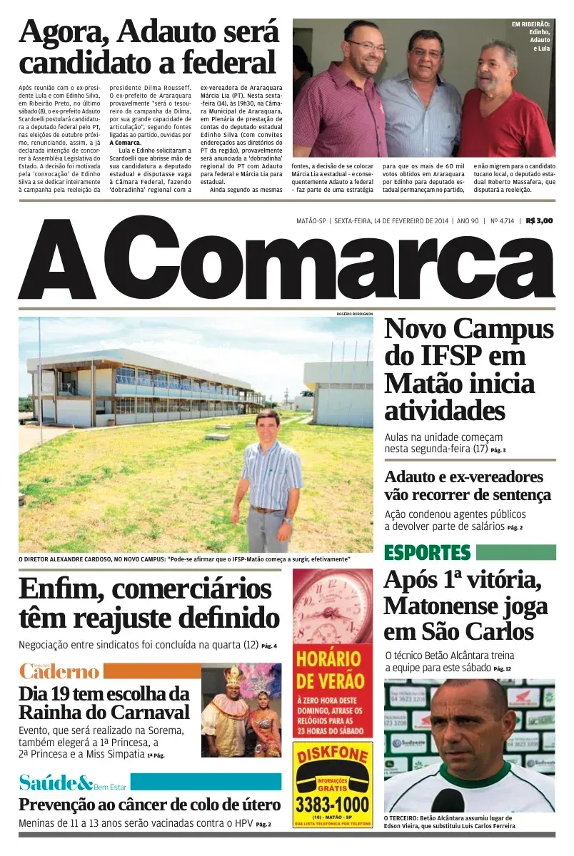 Primeira página da edição 4714 de A Comarca, 14 de fevereiro de 2014