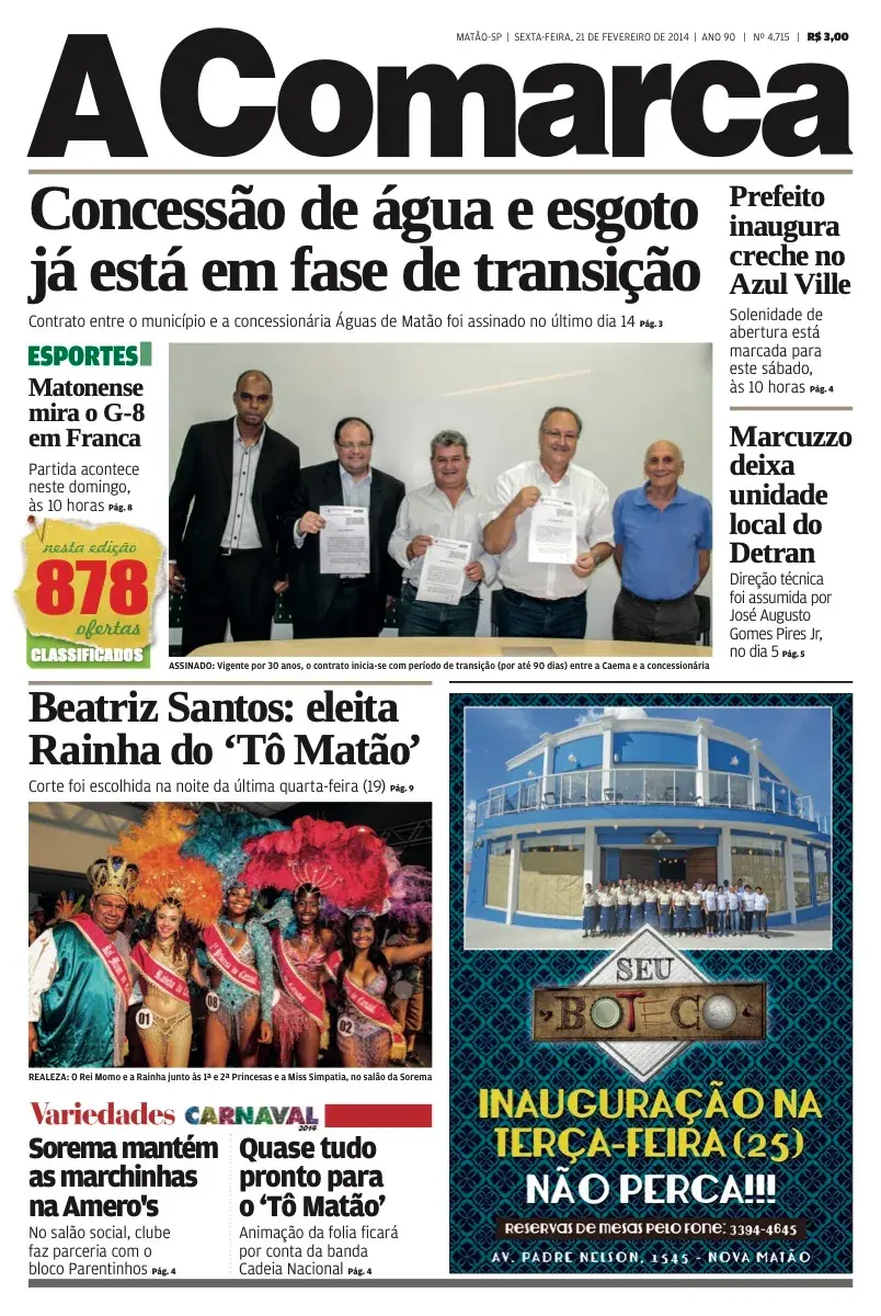 Primeira página da edição 4715 de A Comarca, 21 de fevereiro de 2014