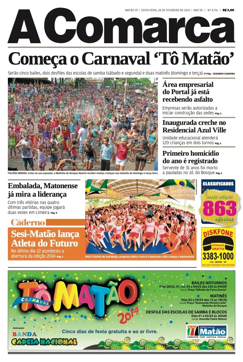 Primeira página da edição 4716 de A Comarca, 28 de fevereiro de 2014