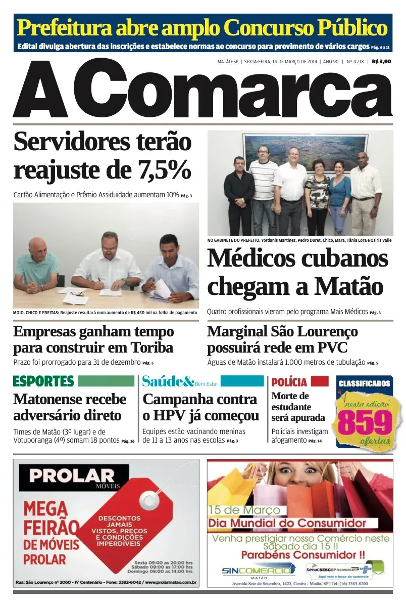 Primeira página da edição 4718 de A Comarca, 14 de março de 2014