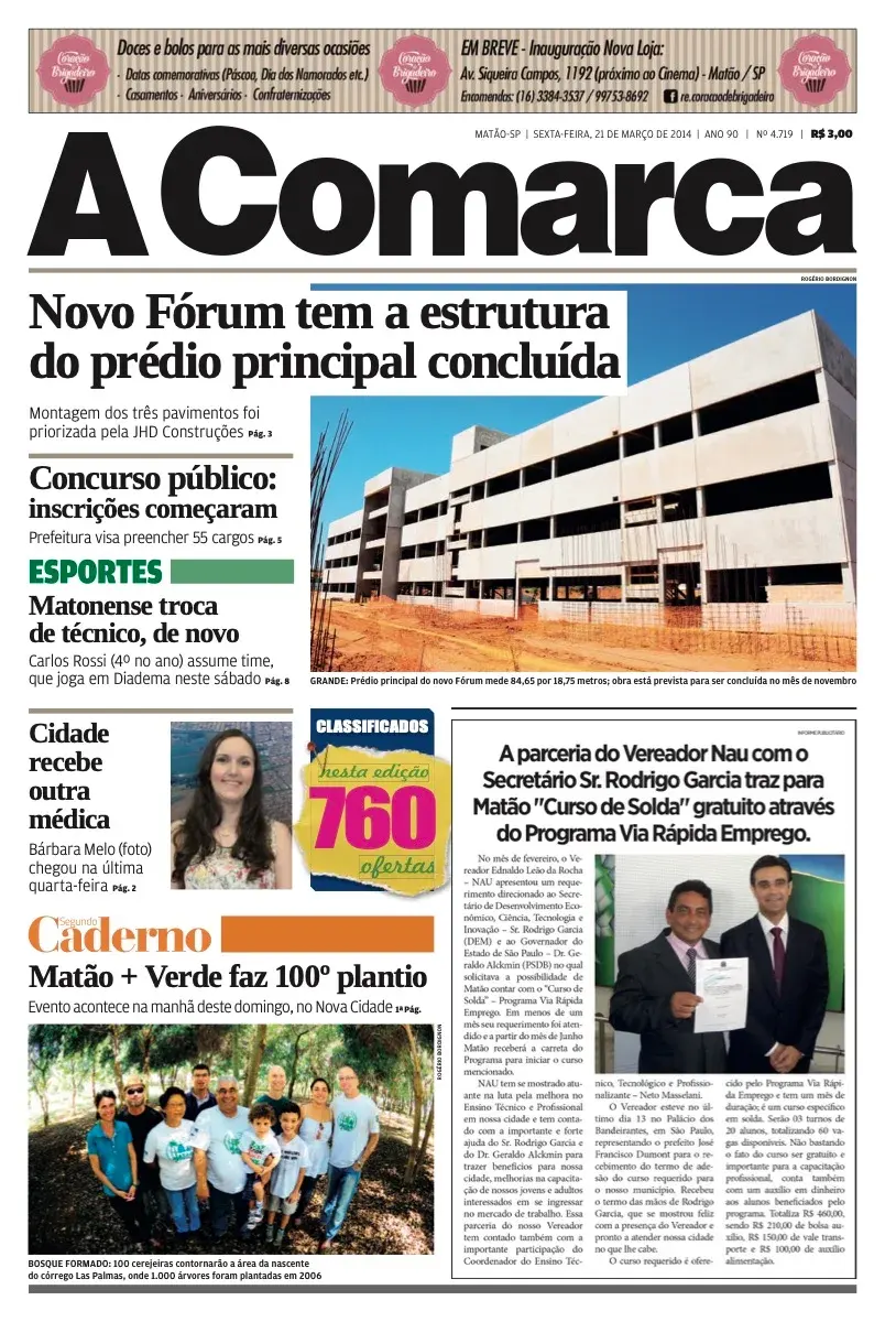 Primeira página da edição 4719 de A Comarca, 21 de março de 2014
