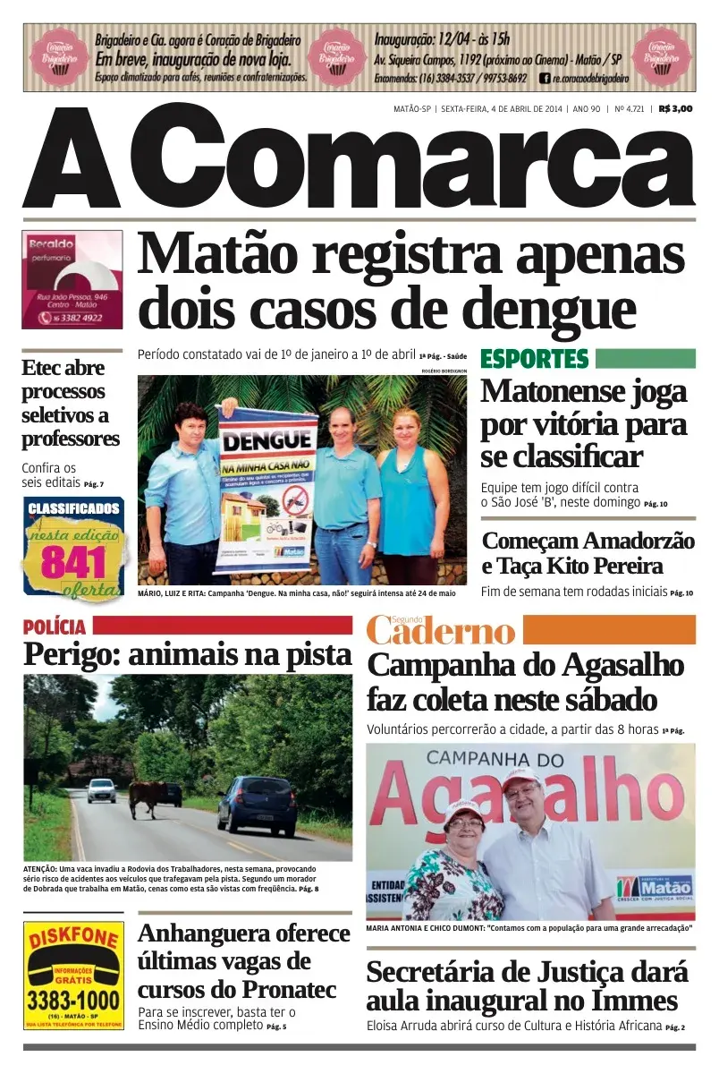 Primeira página da edição 4721 de A Comarca, 4 de abril de 2014