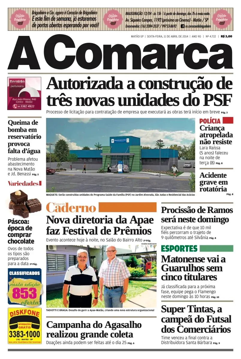 Primeira página da edição 4722 de A Comarca, 11 de abril de 2014