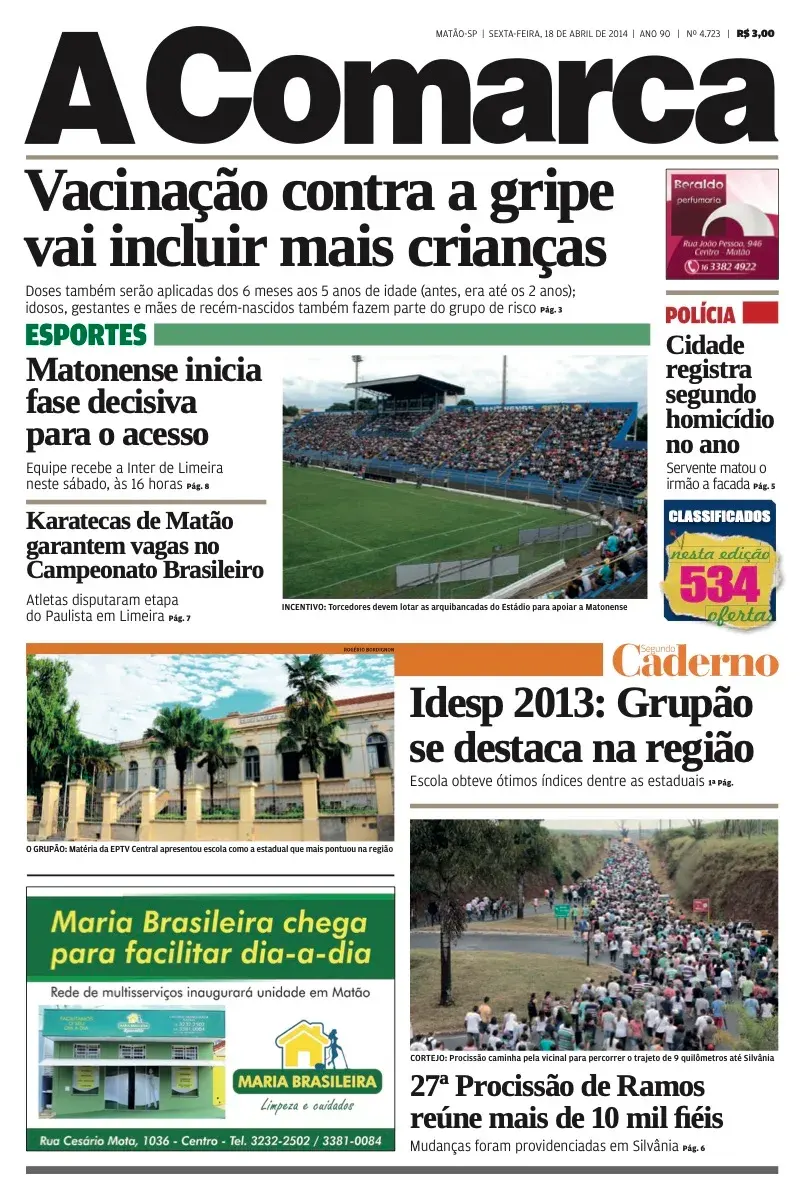 Primeira página da edição 4723 de A Comarca, 18 de abril de 2014