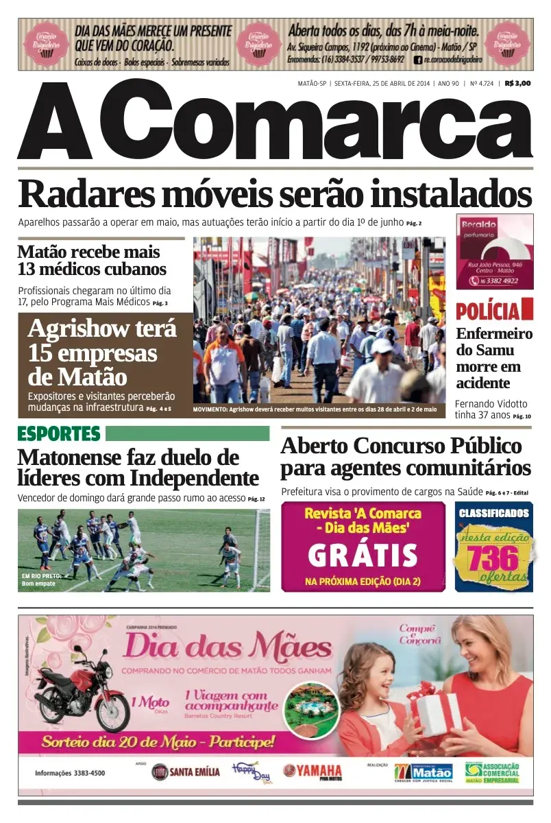 Primeira página da edição 4724 de A Comarca, 25 de abril de 2014
