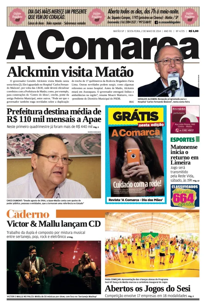 Primeira página da edição 4725 de A Comarca, 2 de maio de 2014