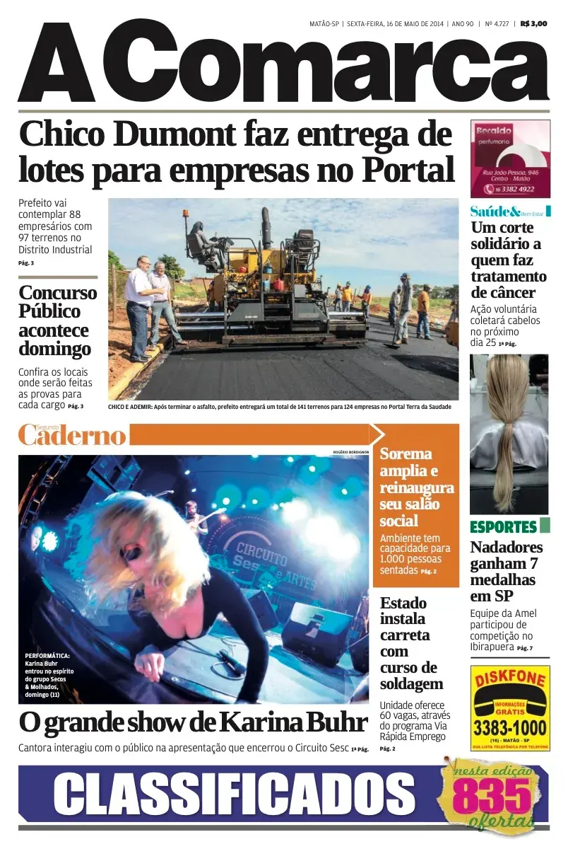 Primeira página da edição 4727 de A Comarca, 16 de maio de 2014