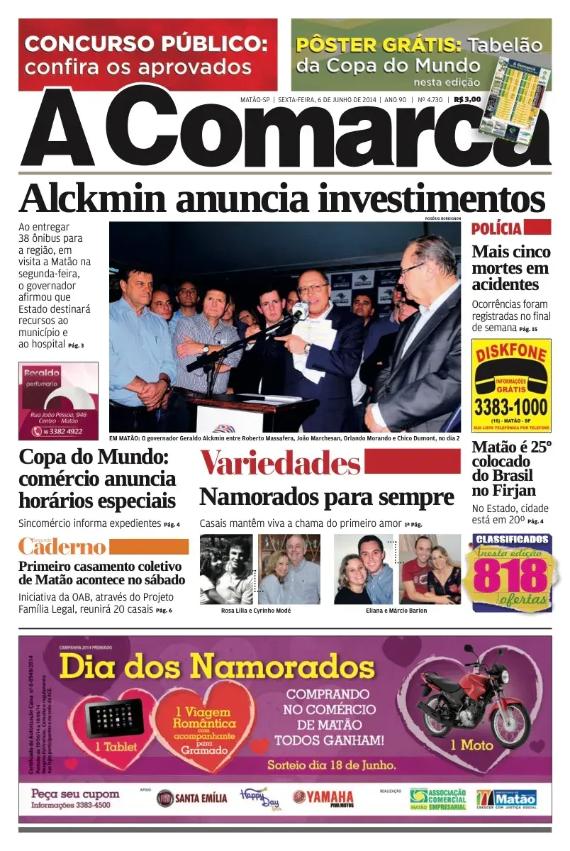 Primeira página da edição 4730 de A Comarca, 6 de junho de 2014