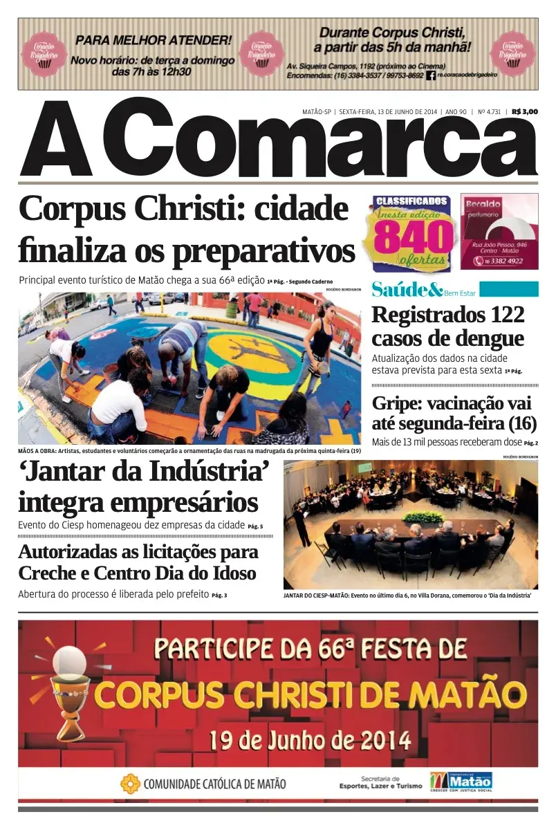 Primeira página da edição 4731 de A Comarca, 13 de junho de 2014