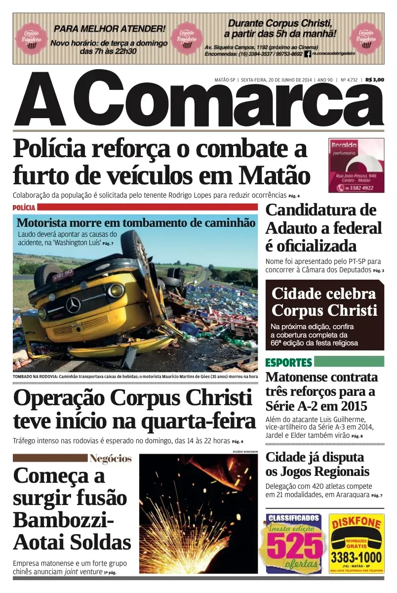 Primeira página da edição 4732 de A Comarca, 20 de junho de 2014