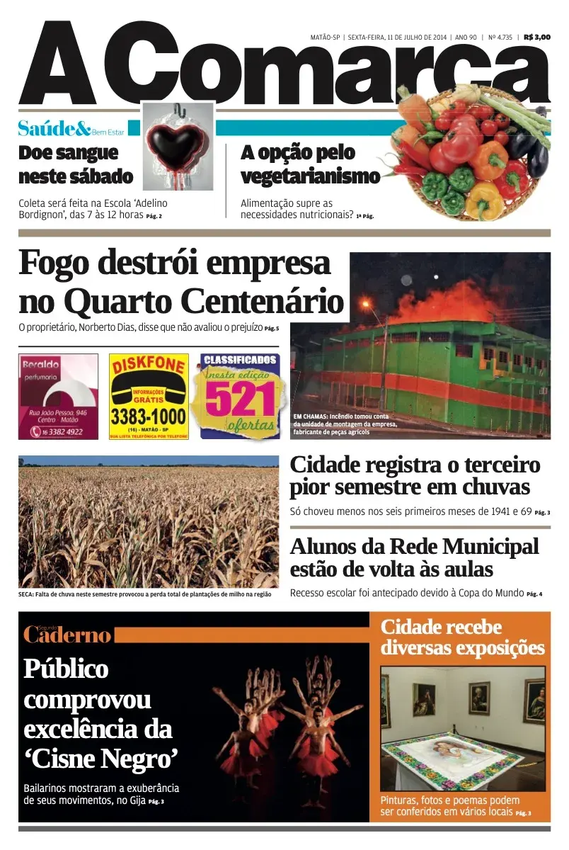Primeira página da edição 4735 de A Comarca, 11 de julho de 2014