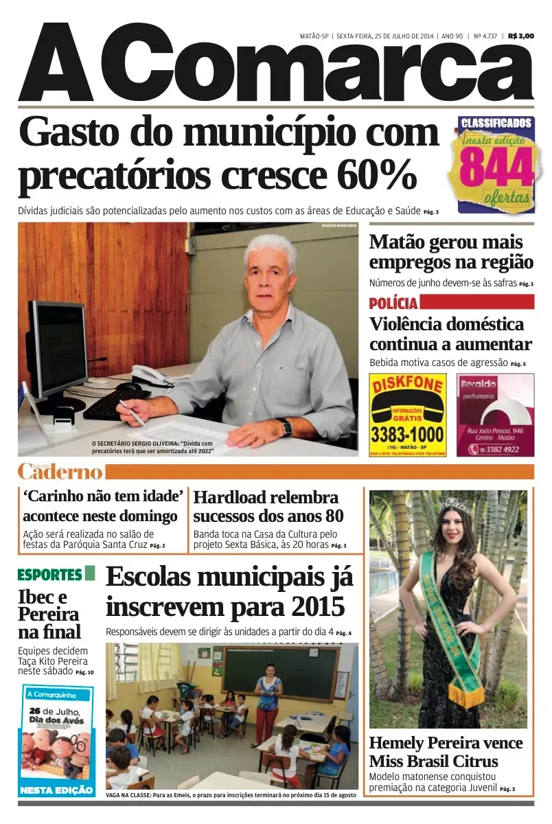 Primeira página da edição 4737 de A Comarca, 25 de julho de 2014