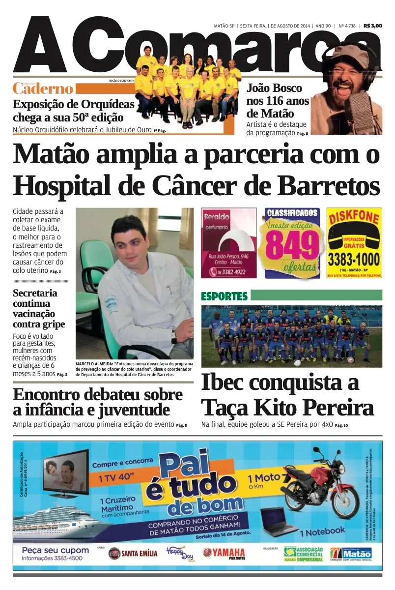 Primeira página da edição 4738 de A Comarca, 1 de agosto de 2014