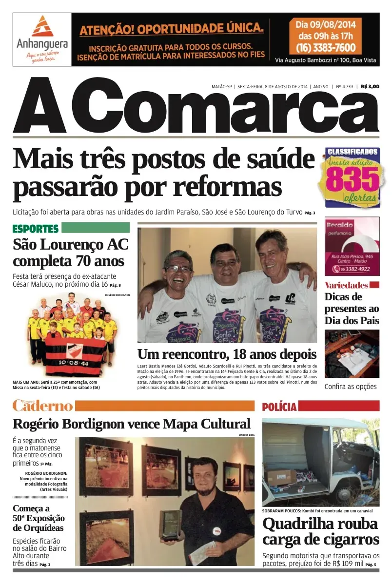 Primeira página da edição 4739 de A Comarca, 8 de agosto de 2014