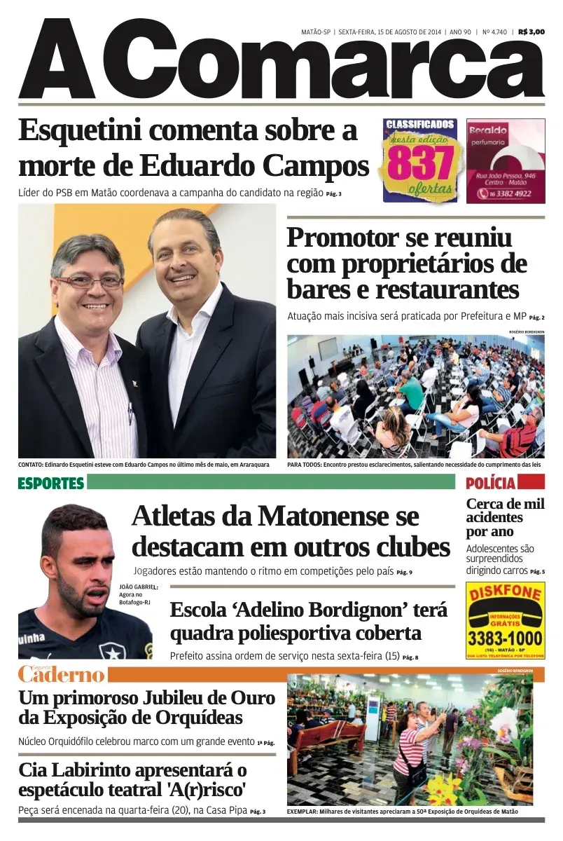 Primeira página da edição 4740 de A Comarca, 15 de agosto de 2014
