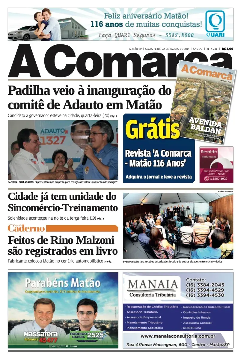 Primeira página da edição 4741 de A Comarca, 22 de agosto de 2014