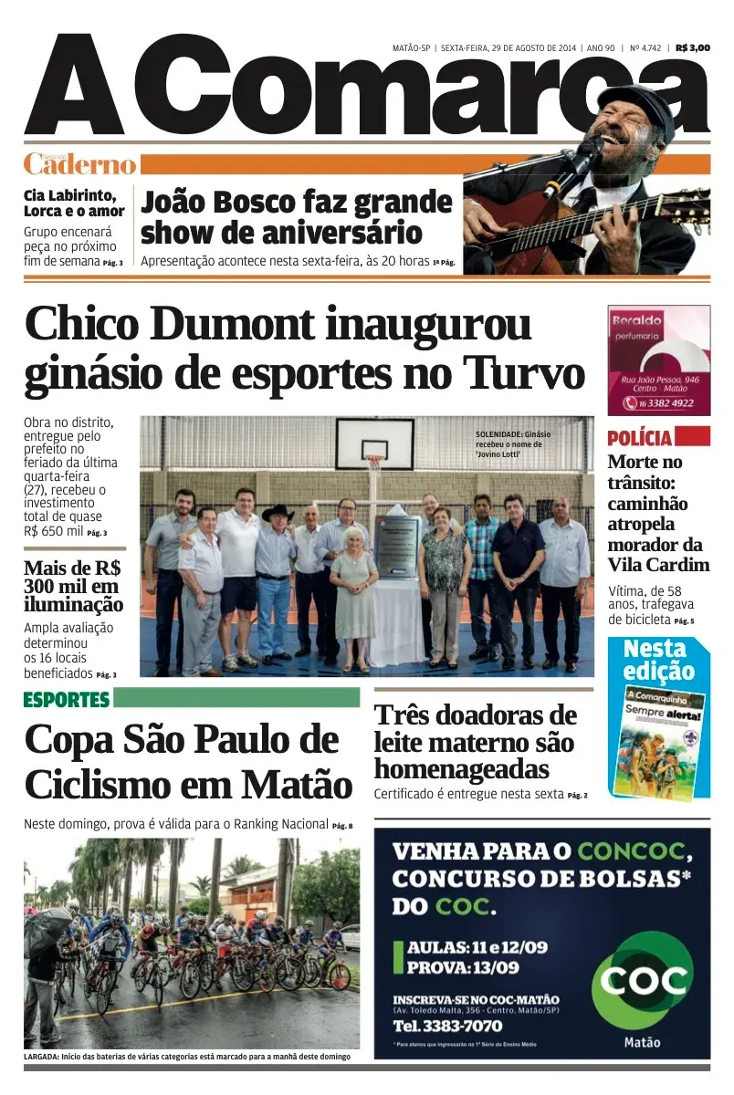 Primeira página da edição 4742 de A Comarca, 29 de agosto de 2014
