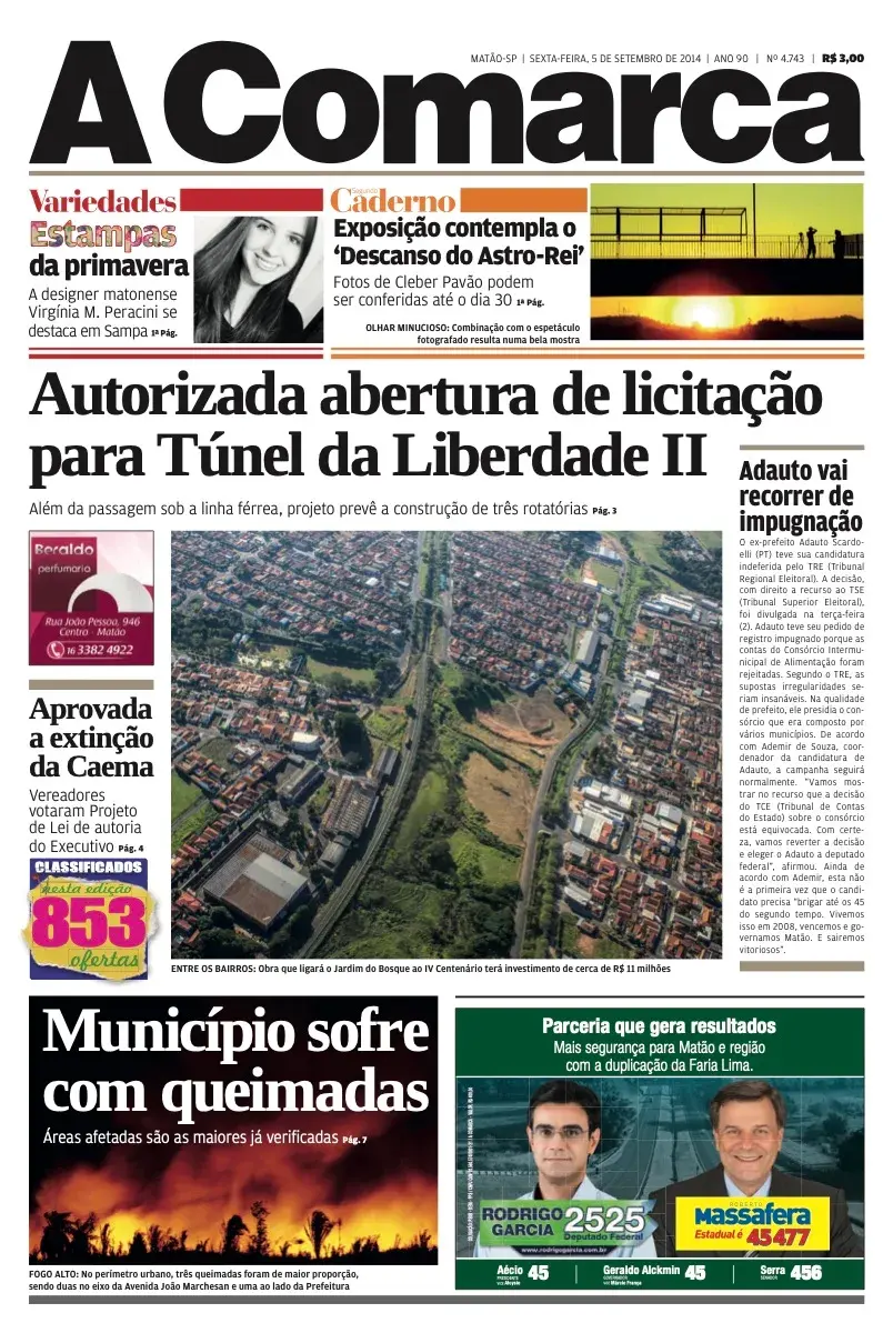 Primeira página da edição 4743 de A Comarca, 5 de setembro de 2014