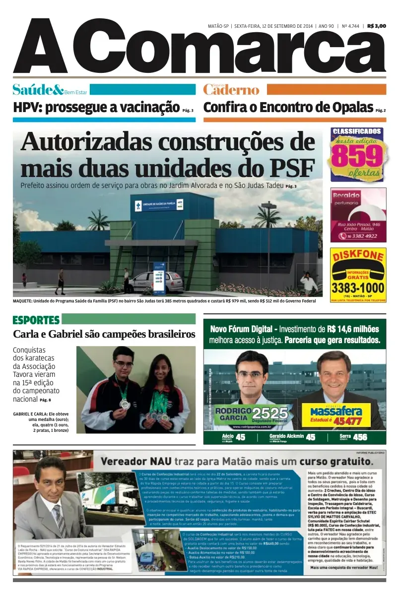 Primeira página da edição 4744 de A Comarca, 12 de setembro de 2014