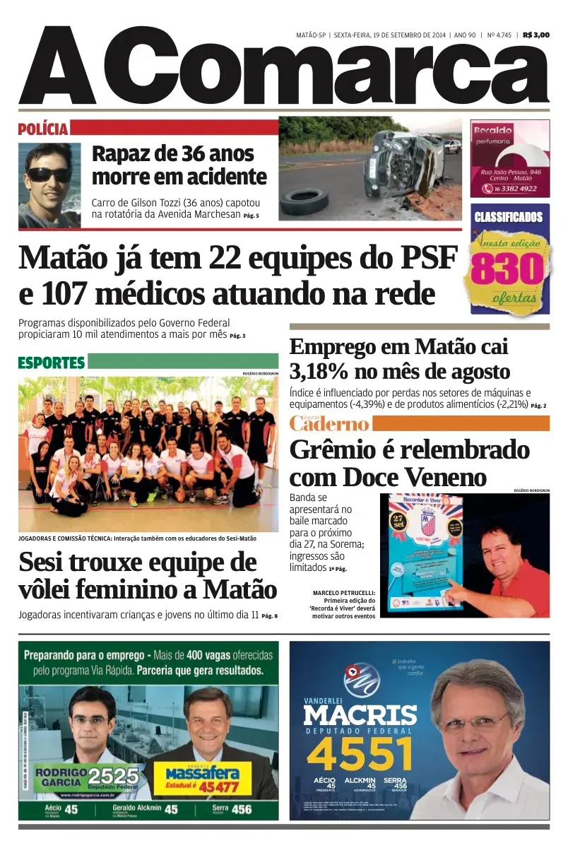 Primeira página da edição 4745 de A Comarca, 19 de setembro de 2014