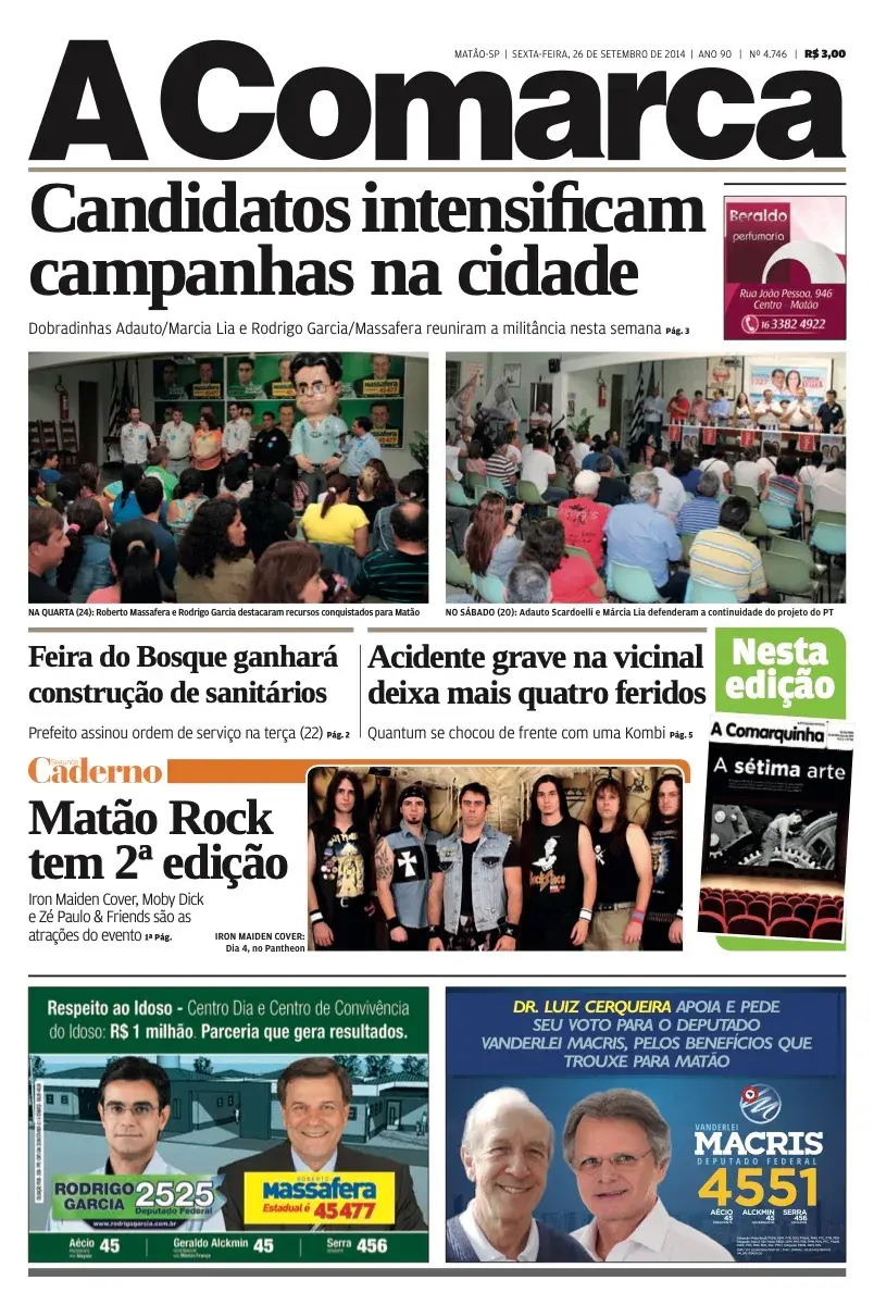 Primeira página da edição 4746 de A Comarca, 26 de setembro de 2014