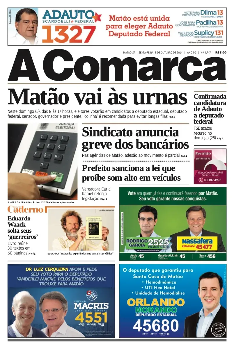 Primeira página da edição 4747 de A Comarca, 3 de outubro de 2014