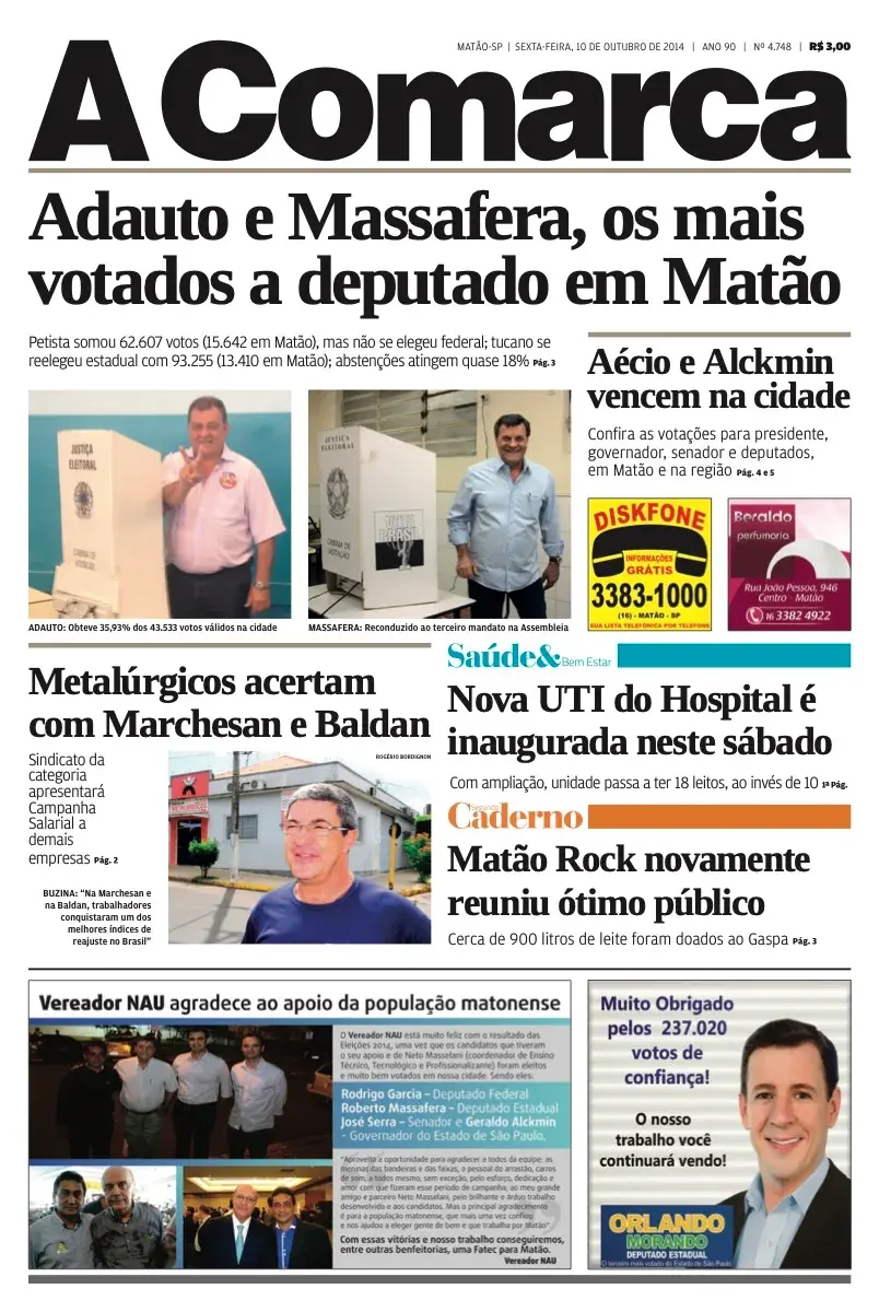 Primeira página da edição 4748 de A Comarca, 10 de outubro de 2014