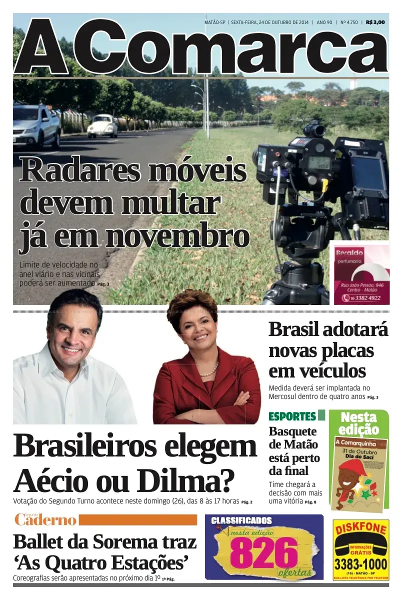 Primeira página da edição 4750 de A Comarca, 24 de outubro de 2014
