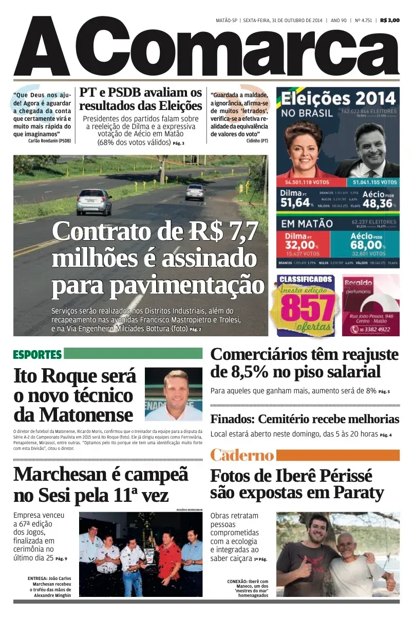 Primeira página da edição 4751 de A Comarca, 31 de outubro de 2014