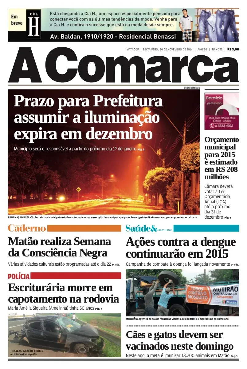 Primeira página da edição 4753 de A Comarca, 14 de novembro de 2014