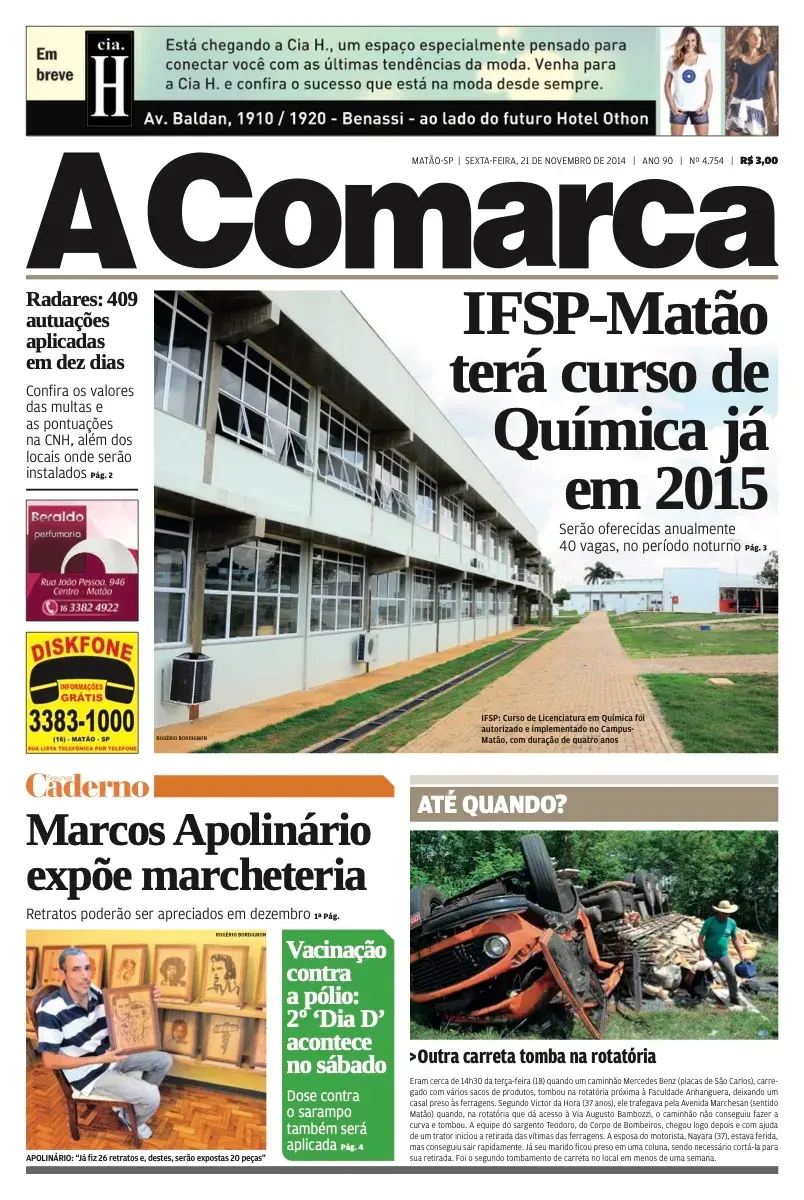 Primeira página da edição 4754 de A Comarca, 21 de novembro de 2014