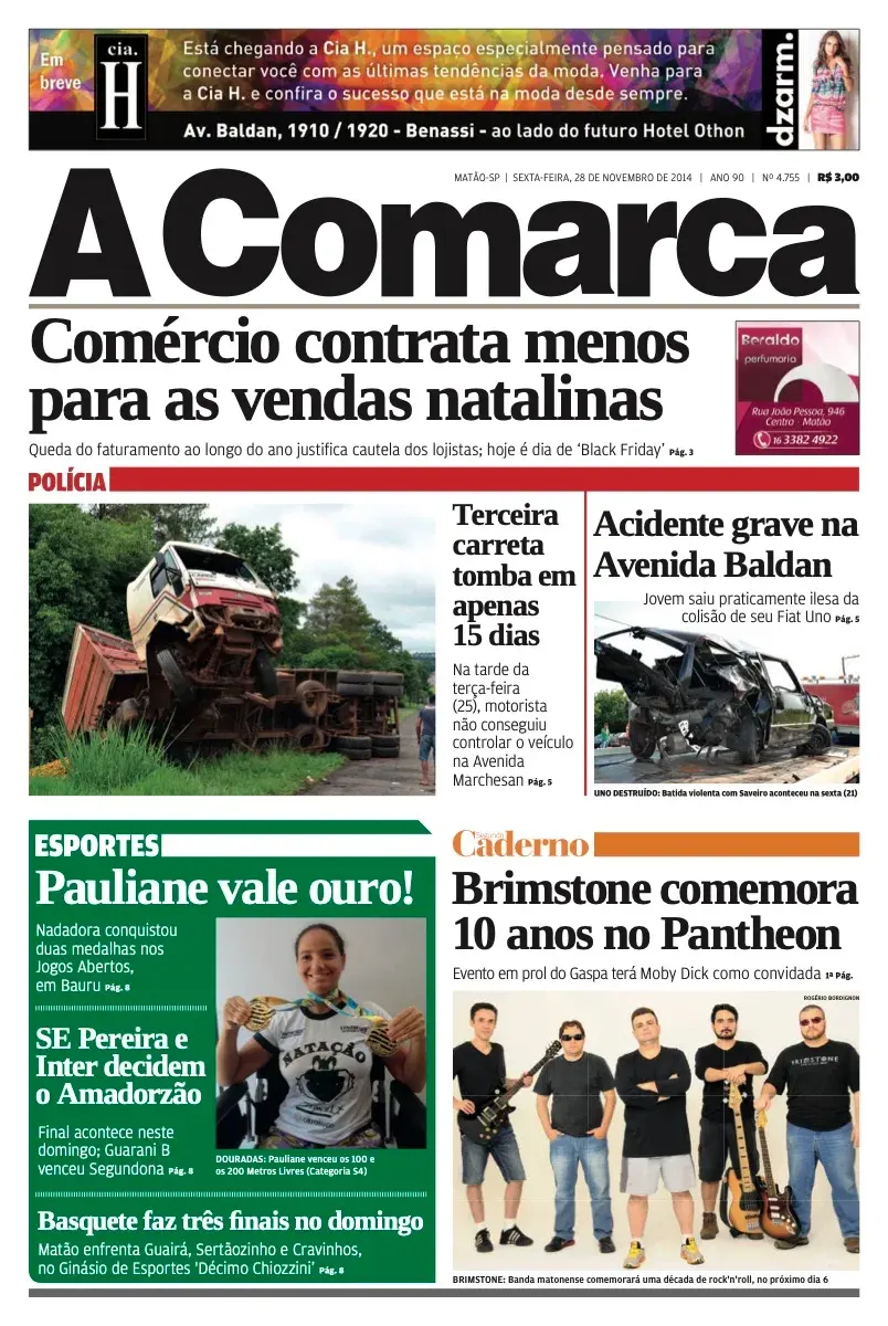 Primeira página da edição 4755 de A Comarca, 28 de novembro de 2014