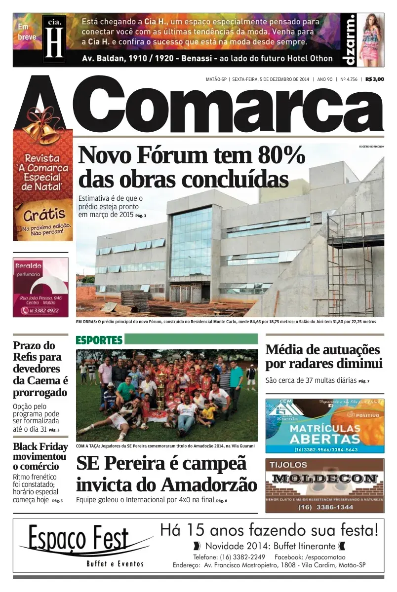 Primeira página da edição 4756 de A Comarca, 5 de dezembro de 2014