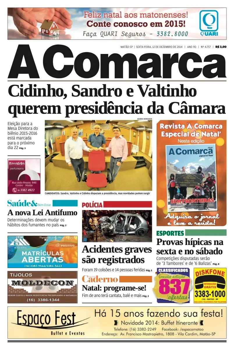 Primeira página da edição 4757 de A Comarca, 12 de dezembro de 2014