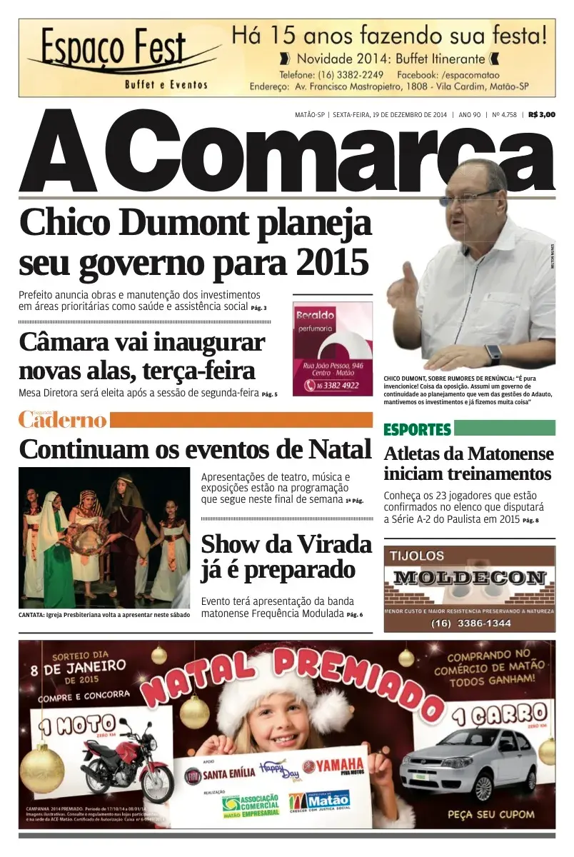 Primeira página da edição 4758 de A Comarca, 19 de dezembro de 2014