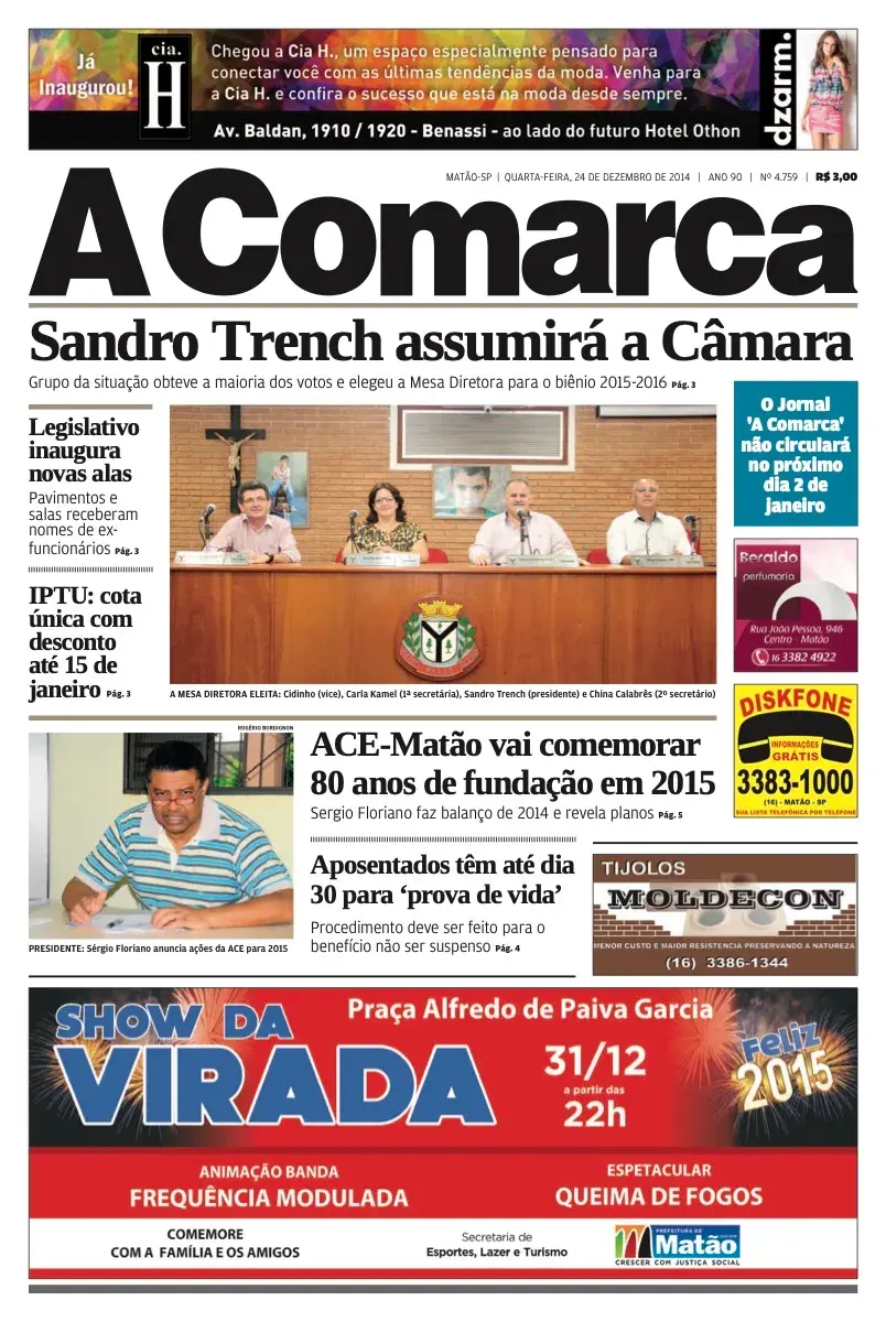 Primeira página da edição 4759 de A Comarca, 24 de dezembro de 2014