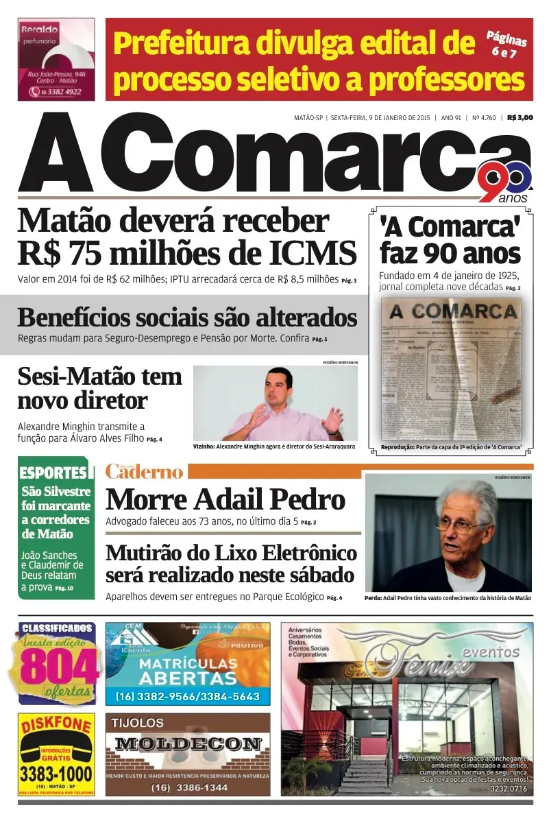Primeira página da edição 4760 de A Comarca, 9 de janeiro de 2015