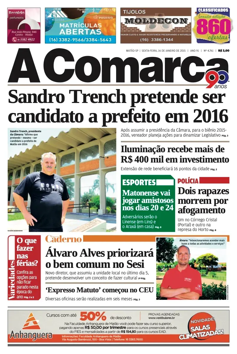 Primeira página da edição 4761 de A Comarca, 16 de janeiro de 2015