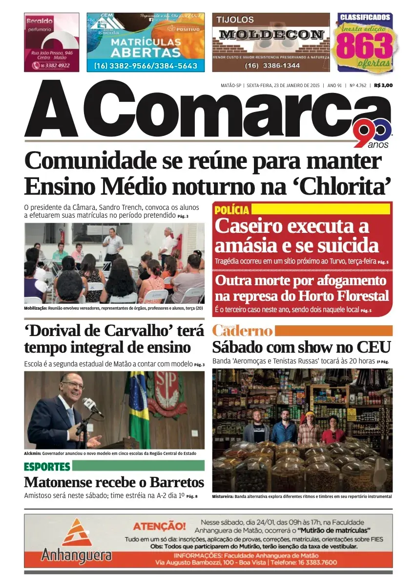 Primeira página da edição 4762 de A Comarca, 23 de janeiro de 2015