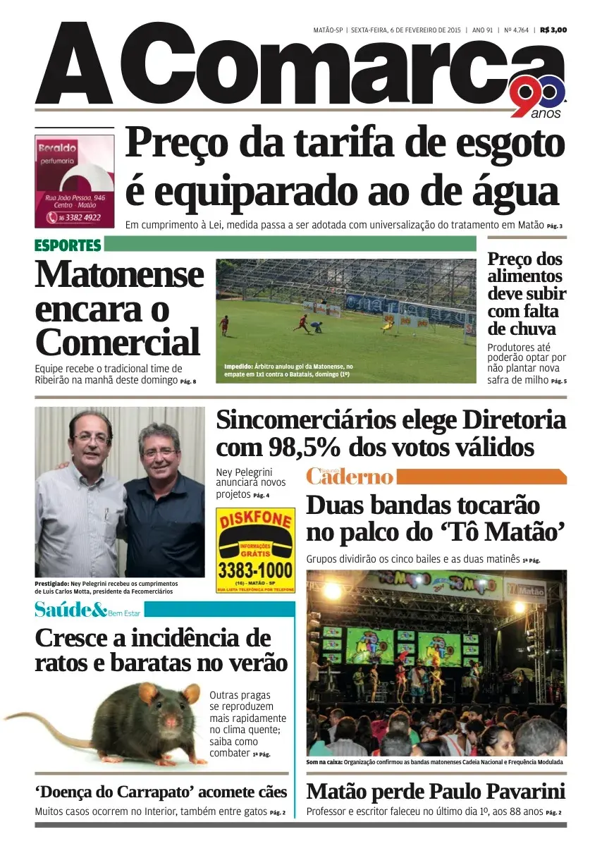 Primeira página da edição 4764 de A Comarca, 6 de fevereiro de 2015