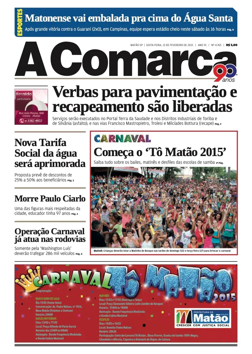 Primeira página da edição 4765 de A Comarca, 13 de fevereiro de 2015
