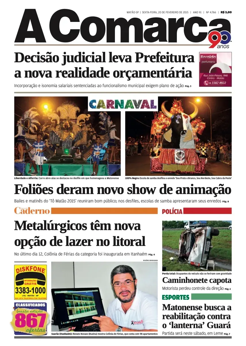 Primeira página da edição 4766 de A Comarca, 20 de fevereiro de 2015