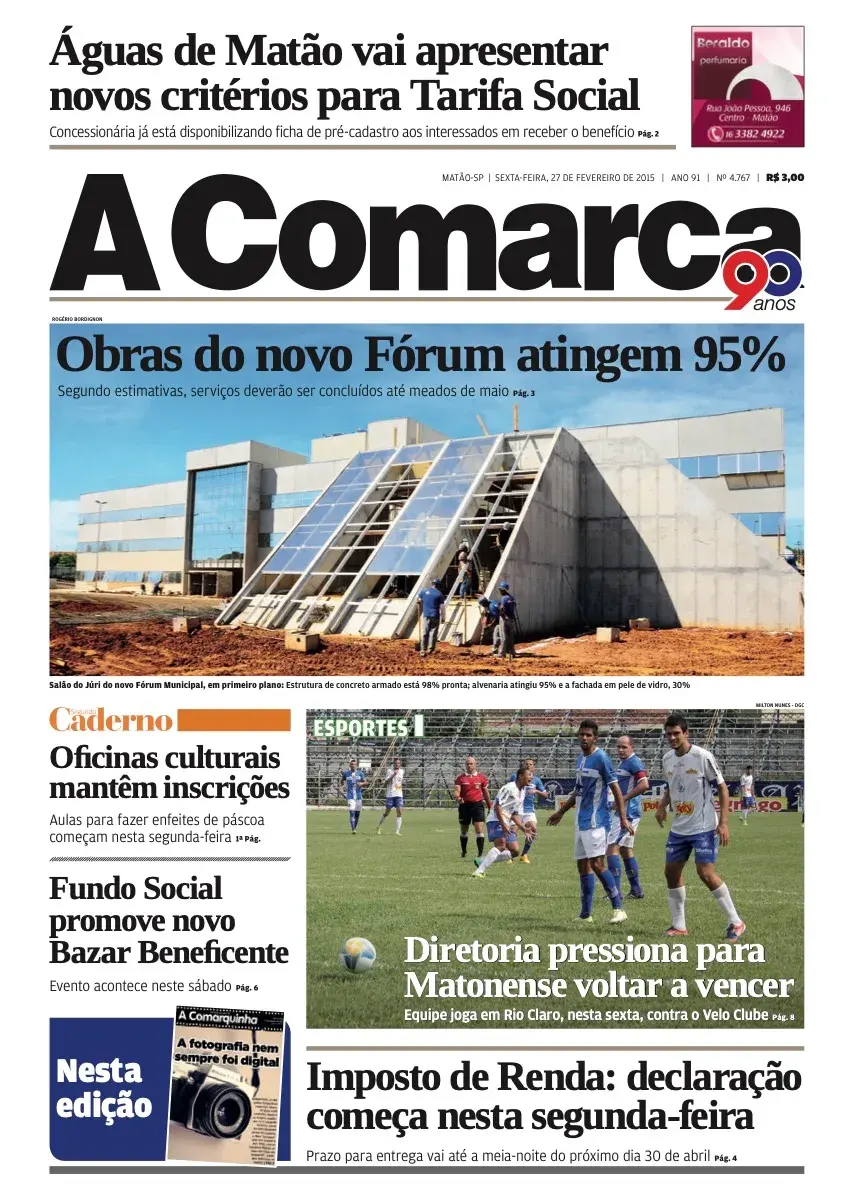 Primeira página da edição 4767 de A Comarca, 27 de fevereiro de 2015
