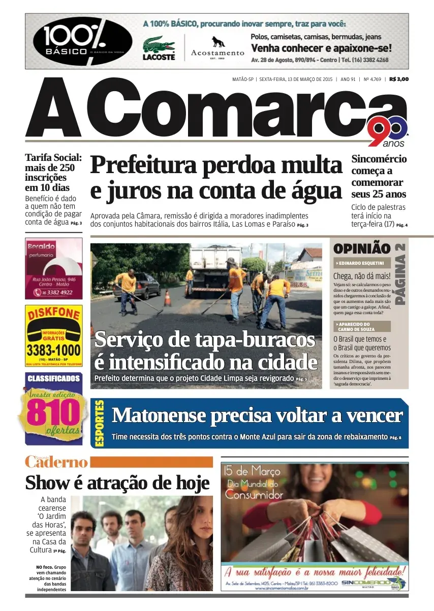 Primeira página da edição 4769 de A Comarca, 13 de março de 2015